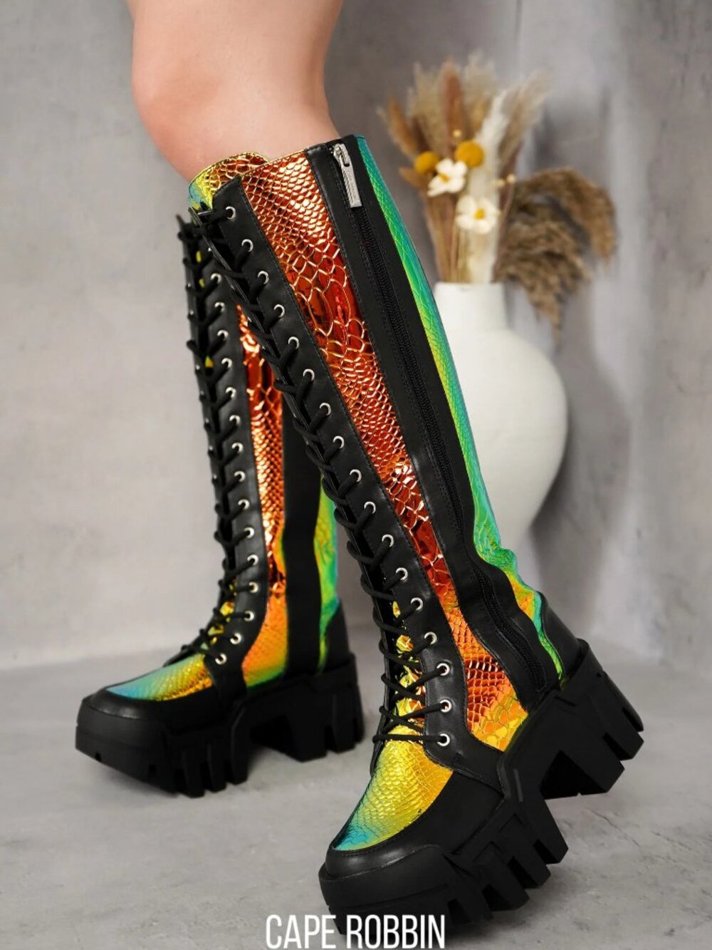 New Iridescent Lace-Up Knee High Moto Combat Boots Lug Sole Platform Block Heel